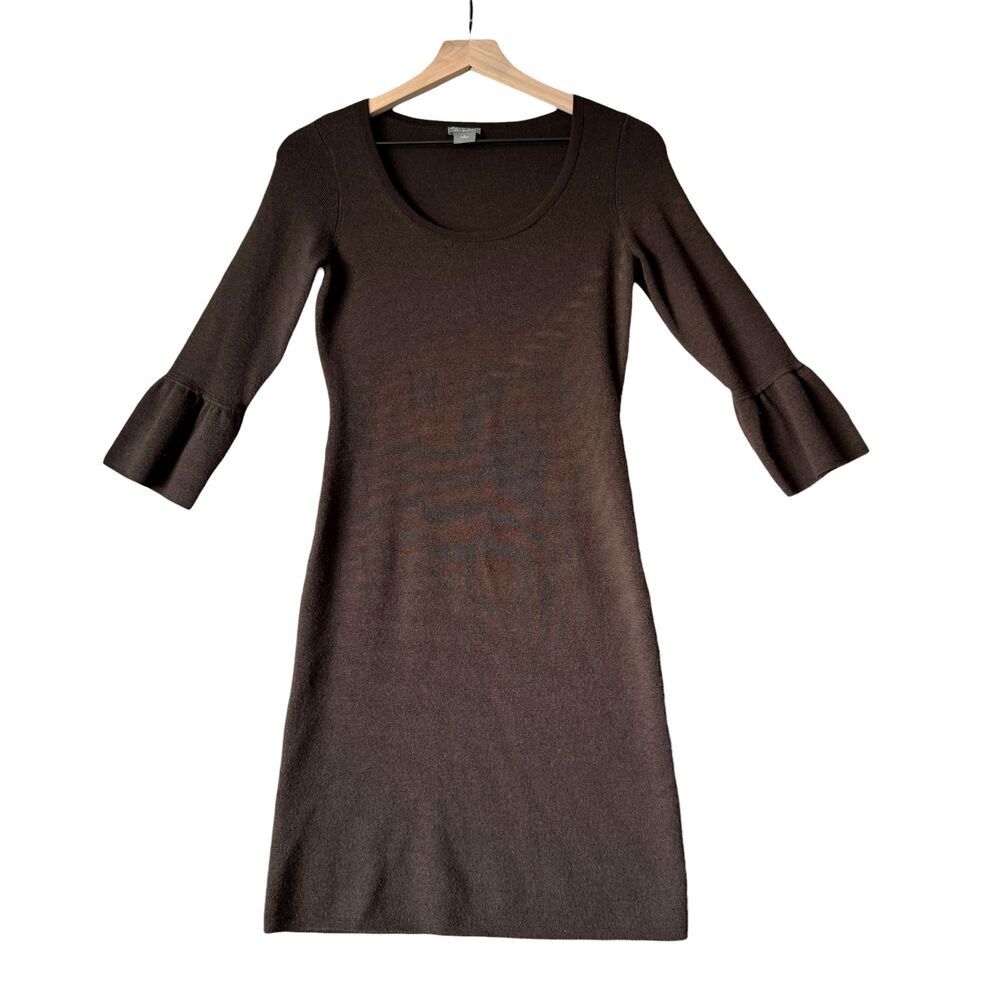 Ann Taylor Merino Wool Knit Sheath Dress S Brown Bell Sleeve Scoop Neck Luxury - Picture 2 of 9